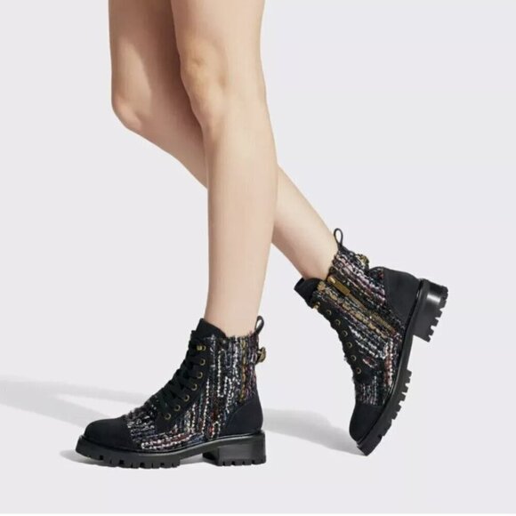Kurt Geiger Womens 38 Kensington Tweed Suede Combat Ankle Boots Blue Multi 7.538 - Picture 2 of 11